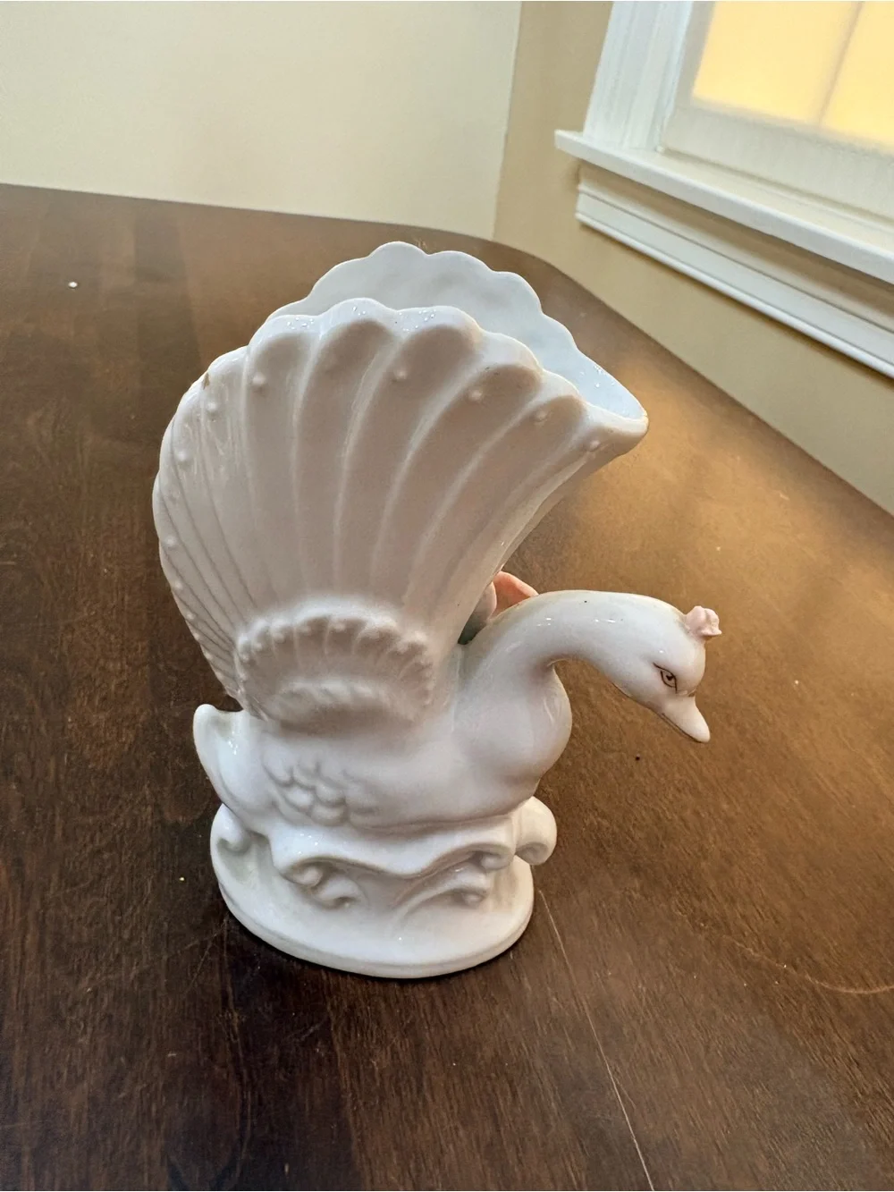 White Porcelain Swan Vase with Pink Floral Accents